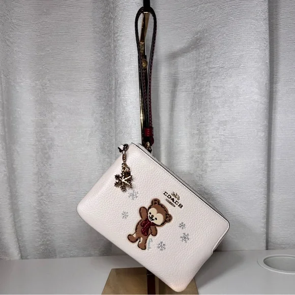 Coach Snowflake Bear Corner Zip Wristlet Wallet - Picture 1 of 9